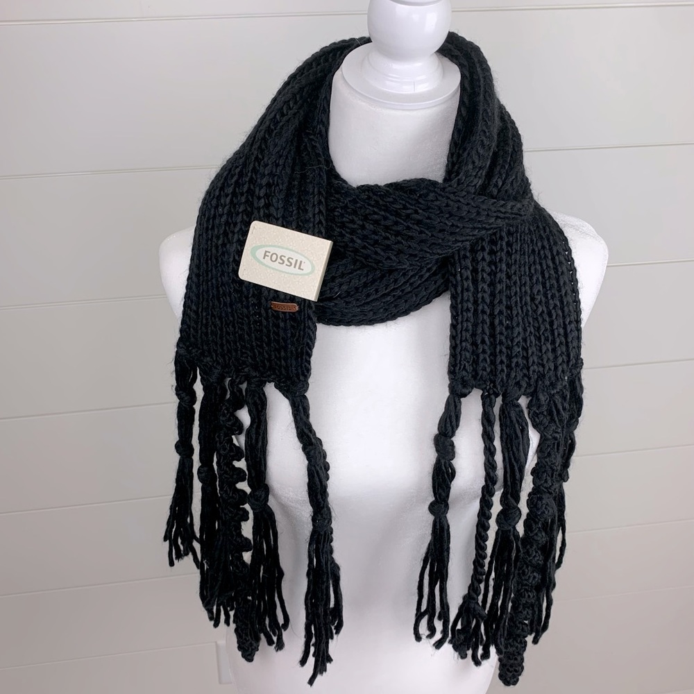 Fossil Scarf Kendall Cableknit Black with Tassels 5” Wide by 64” Long